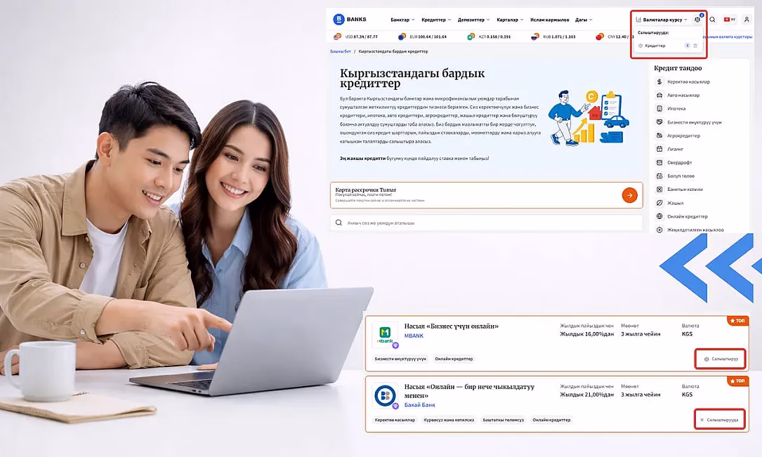 Эми Banks.kg сайтында кредиттерди, депозиттерди жана карталарды бир мүнөттө салыштырууга болот