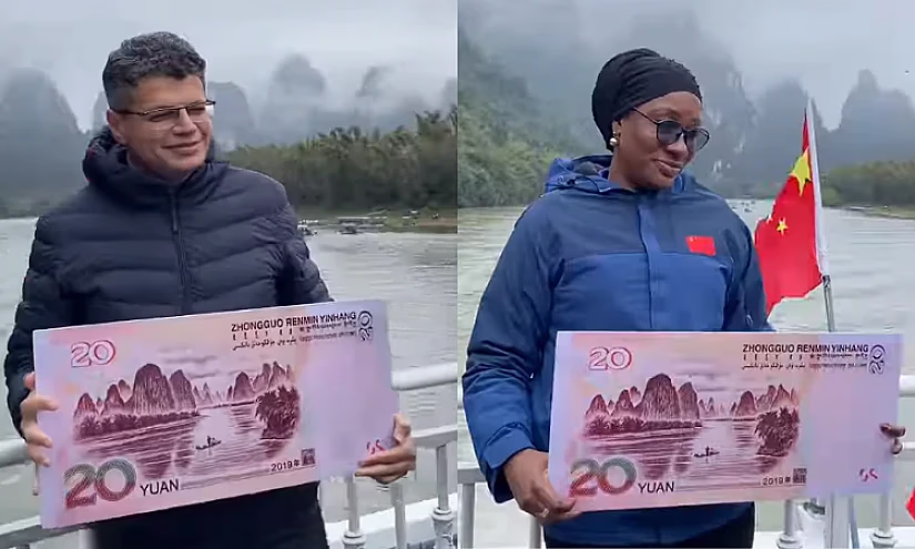 В Китае прошла фотосессия СМИ на фоне пейзажа, изображенного на купюре в 20 юаней
